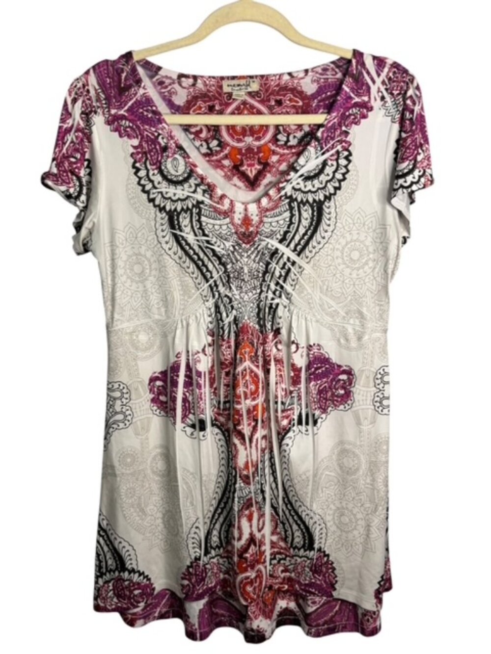 One World Blouse Women's Medium Paisley Tunic Lightweight Purple White